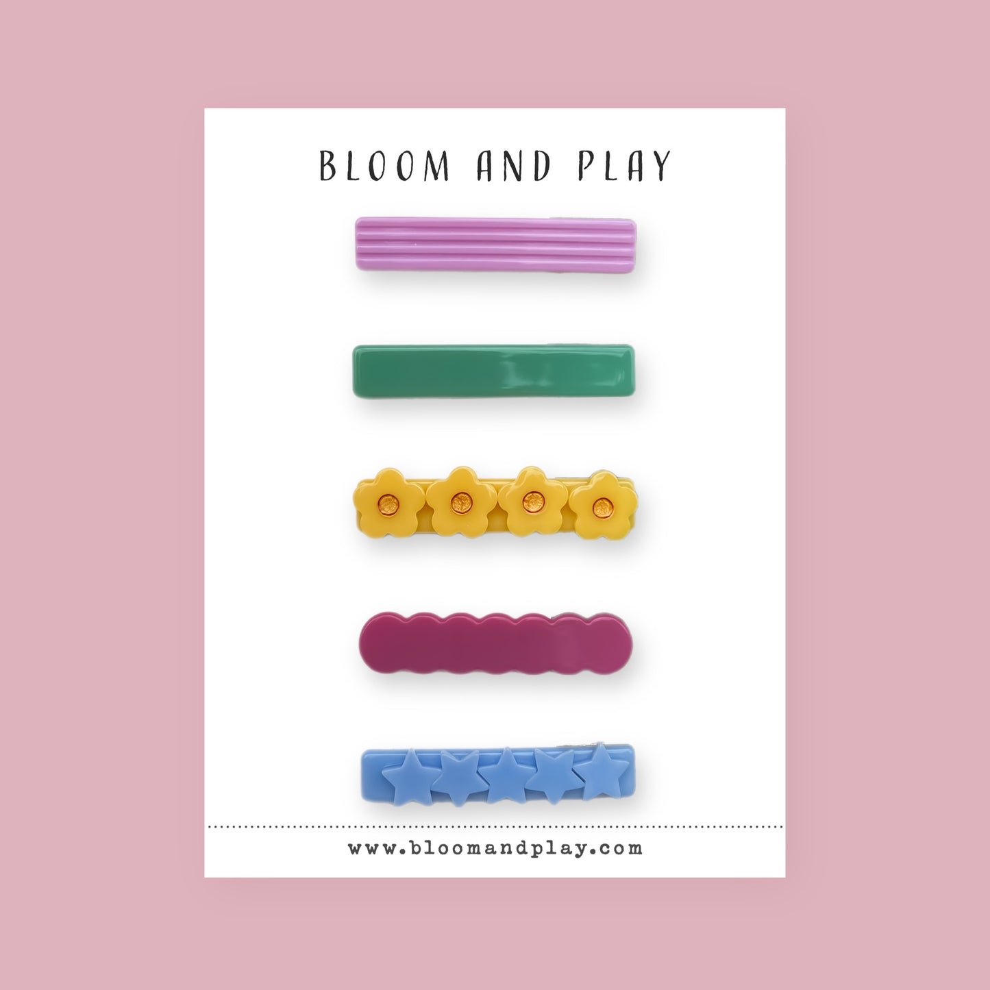 bloom and play hair clips for girls, textured stripe lilac bar clip, plain green bar clip, yellow flower daisy hair clip, scallop plum purple wave clip, blue star barrette clip